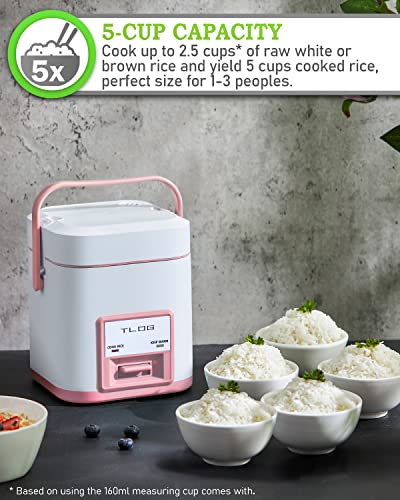 TLOG Mini Rice Cooker 2.5-Cup Uncooked(5-Cup cooked), Healthy Ceramic Coating 1.2L Small Rice Cooker for 1-3 People, Portable Travel Rice Cooker with Steam Tray, Rice Maker for Grains, White Rice, Oatmeal, Veggies