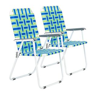 webbed lawn chairs folding aluminum set of 2, patio lawn chairs for adults,outdoor beach chair, pp braided belt steel pipe,portable camping chair for yard, garden, support 265 lbs (blue&yellow)