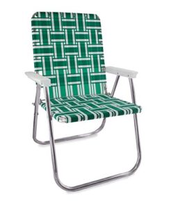 lawn chair usa - outdoor chairs for camping, sports and beach. chairs made with lightweight aluminum frames and uv-resistant webbing. folds for easy storage (classic, green and white with white arms)