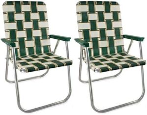 lawn chair usa - outdoor chairs for camping. made with lightweight aluminum frames and uv-resistant webbing. folds for easy storage 2- pack (charleston with green arms, classic)