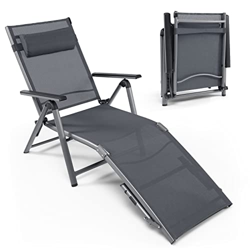 COSTWAY Patio Folding Aluminum Lounge Chair Chaise Adjustable Back Armrest Headrest