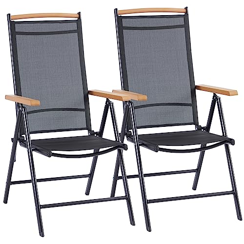 Haquatisol Patio Dining Chairs Set of 2, Outdoor Folding Sling Chair with 8 Level Adjustable Backrest, Aluminum Chairs for Porch Camping Pool Beach Deck Lawn Garden