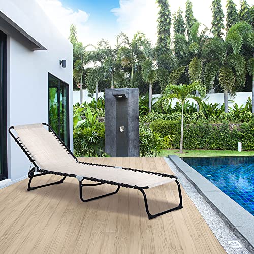 Outsunny Folding Chaise Lounge Pool Chairs, Outdoor Sun Tanning Chairs, Folding, Reclining Back, Steel Frame & Breathable Mesh for Beach, Yard, Patio, Cream White