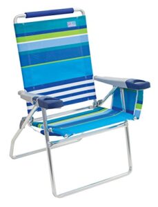 rio beach 17" extended height 4 position folding beach chair, cup holders|arm rest|foldable, aluminum, blue/white/green