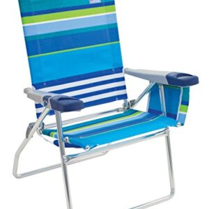 Rio Beach 17" Extended Height 4 Position Folding Beach Chair, Cup Holders|Arm Rest|Foldable, Aluminum, Blue/White/Green