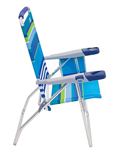 Rio Beach 17" Extended Height 4 Position Folding Beach Chair, Cup Holders|Arm Rest|Foldable, Aluminum, Blue/White/Green