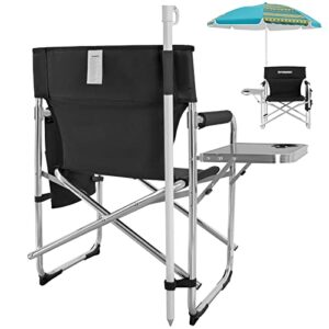 fundango aluminum lightweight oversized director camping chair with side table, armrest, umbrella holder, foldable padded camp seat for outdoor, rv, picnic, beach, lawn, heavy duty holds up to 300lbs