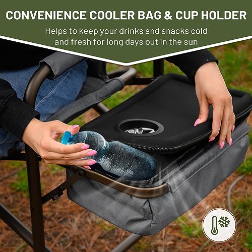 TIMBER RIDGE Lightweight Camping Chair, Portable Laurel Director's Chair with Foldable Side Table, Cooler Bag & Mesh Pocket, Compact Outdoor Folding Lawn Chair, Supports 300lbs, Grey