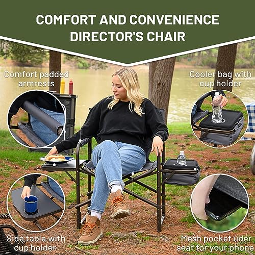 TIMBER RIDGE Lightweight Camping Chair, Portable Laurel Director's Chair with Foldable Side Table, Cooler Bag & Mesh Pocket, Compact Outdoor Folding Lawn Chair, Supports 300lbs, Grey