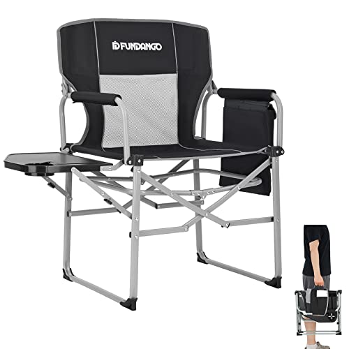 FUNDANGO Heavy Duty Outdoor Director Chairs Side Table, Tray, Foldable, Portable with Handle, Armrest, Mesh Backrest for Camp, Lawn, Picnic, Sports, RV, BBQ, Fishing, 19.7"D x 21.6"W x 17.3"H, GREY