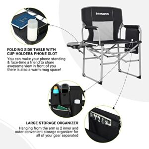 FUNDANGO Heavy Duty Outdoor Director Chairs Side Table, Tray, Foldable, Portable with Handle, Armrest, Mesh Backrest for Camp, Lawn, Picnic, Sports, RV, BBQ, Fishing, 19.7"D x 21.6"W x 17.3"H, GREY