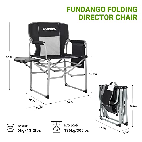 FUNDANGO Heavy Duty Outdoor Director Chairs Side Table, Tray, Foldable, Portable with Handle, Armrest, Mesh Backrest for Camp, Lawn, Picnic, Sports, RV, BBQ, Fishing, 19.7"D x 21.6"W x 17.3"H, GREY