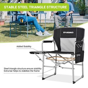 FUNDANGO Heavy Duty Outdoor Director Chairs Side Table, Tray, Foldable, Portable with Handle, Armrest, Mesh Backrest for Camp, Lawn, Picnic, Sports, RV, BBQ, Fishing, 19.7"D x 21.6"W x 17.3"H, GREY