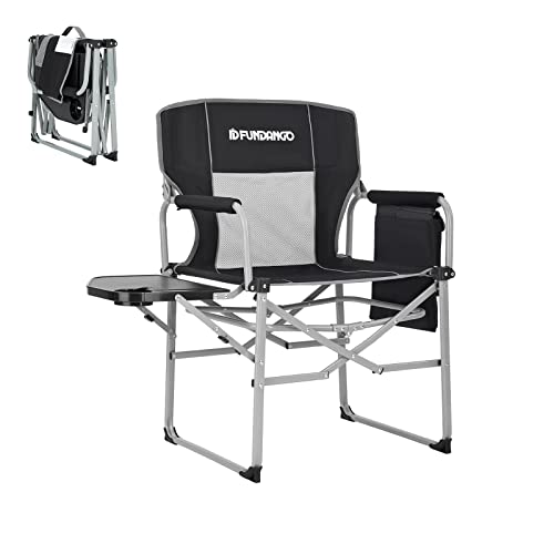 FUNDANGO Camping Directors Chair with Side Table for Outdoor Portable Lightweight Camping Lawn Chairs with Storage Pockets Carry Straps for Camp Hiking Fishing Sports Adults Outside Black