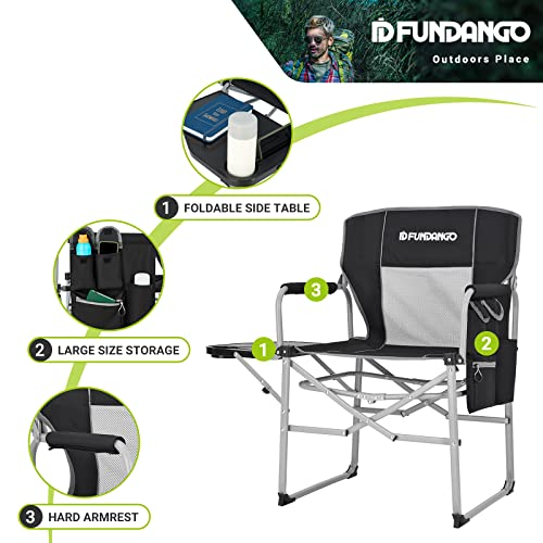 FUNDANGO Camping Directors Chair with Side Table for Outdoor Portable Lightweight Camping Lawn Chairs with Storage Pockets Carry Straps for Camp Hiking Fishing Sports Adults Outside Black