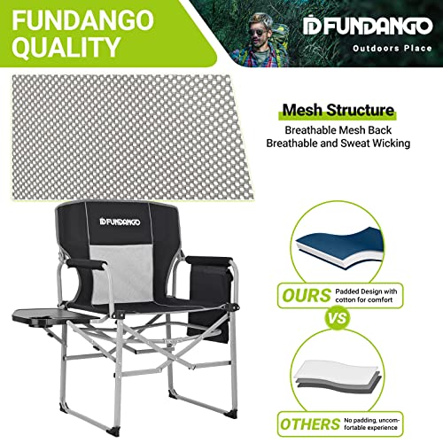 FUNDANGO Camping Directors Chair with Side Table for Outdoor Portable Lightweight Camping Lawn Chairs with Storage Pockets Carry Straps for Camp Hiking Fishing Sports Adults Outside Black