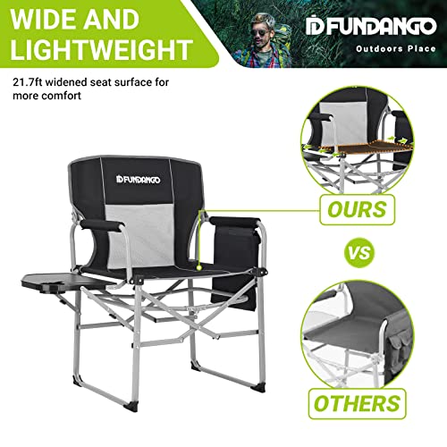 FUNDANGO Camping Directors Chair with Side Table for Outdoor Portable Lightweight Camping Lawn Chairs with Storage Pockets Carry Straps for Camp Hiking Fishing Sports Adults Outside Black