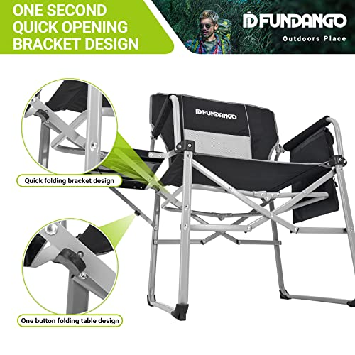 FUNDANGO Camping Directors Chair with Side Table for Outdoor Portable Lightweight Camping Lawn Chairs with Storage Pockets Carry Straps for Camp Hiking Fishing Sports Adults Outside Black