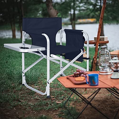 ABCCANOPY Folding Directors Chair Outdoor Camping Chair Makeup Artist Chair with Side Table & Pockets, Navy Blue