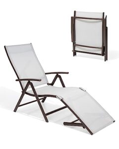 pellebant aluminum patio chaise lounge chair, adjustable chair for outside with 8 backrest positions, brown frame, folding outdoor recliners all weather for beach, pool and yard, light grey