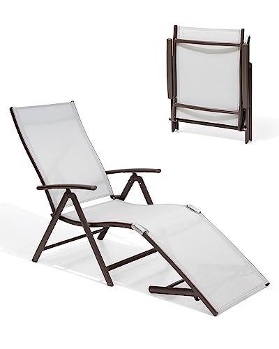 Pellebant Aluminum Patio Chaise Lounge Chair, Adjustable Chair for Outside with 8 Backrest Positions, Brown Frame, Folding Outdoor Recliners All Weather for Beach, Pool and Yard, Light Grey