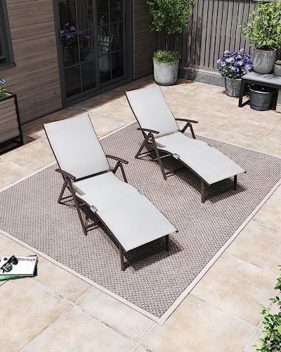 Pellebant Aluminum Patio Chaise Lounge Chair, Adjustable Chair for Outside with 8 Backrest Positions, Brown Frame, Folding Outdoor Recliners All Weather for Beach, Pool and Yard, Light Grey