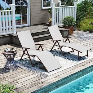 Pellebant Aluminum Patio Chaise Lounge Chair, Adjustable Chair for Outside with 8 Backrest Positions, Brown Frame, Folding Outdoor Recliners All Weather for Beach, Pool and Yard, Light Grey