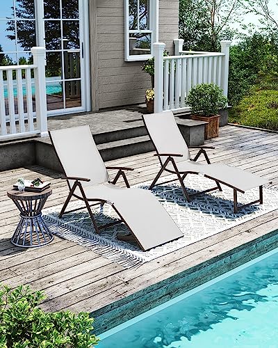 Pellebant Aluminum Patio Chaise Lounge Chair, Adjustable Chair for Outside with 8 Backrest Positions, Brown Frame, Folding Outdoor Recliners All Weather for Beach, Pool and Yard, Light Grey
