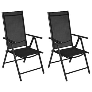 dimorture set of 2 patio folding chairs, 7-position outdoor lounge chairs with armrest, portable dining chairs for porch camping pool beach deck lawn garden, aluminum patio sling chairs, black