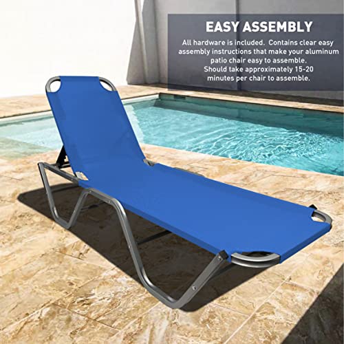 EasyGo Product Chaise Lounger – Aluminum Sun Lounge Chair – Adjustable Outdoor Patio Beach Porch Swing Pool-Five-Position Recliner-Lightweight All Weather, Blue 2 Pack