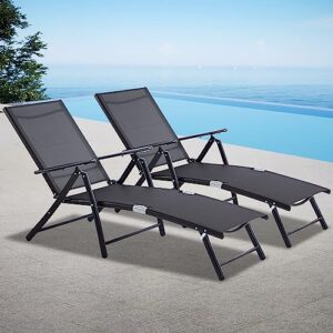 haquatisol outdoor chaise lounge chair set of 2，reclining folding pool patio lounger with 8 level adjustable backrest, aluminum portable recliner for lawn garden beach yard, 330lbs weight capacity