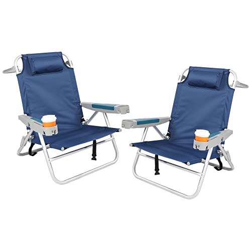 REDCAMP Folding Beach Chair 2 Pack Aluminum 5-Position, Lightweight Backpack Reclining Beach Chair with Cup Holder and Pillow for Sand Concert