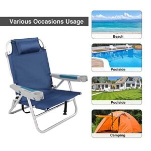 REDCAMP Folding Beach Chair 2 Pack Aluminum 5-Position, Lightweight Backpack Reclining Beach Chair with Cup Holder and Pillow for Sand Concert