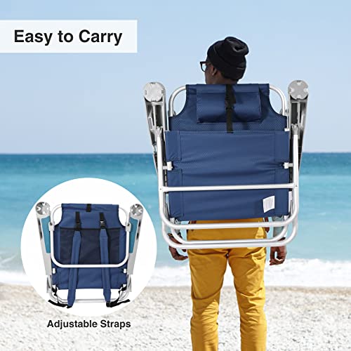 REDCAMP Folding Beach Chair 2 Pack Aluminum 5-Position, Lightweight Backpack Reclining Beach Chair with Cup Holder and Pillow for Sand Concert