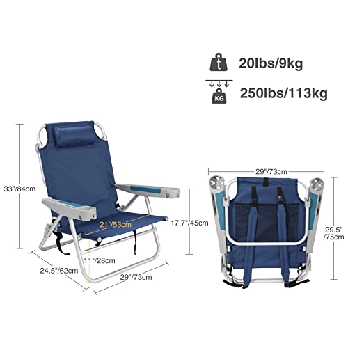 REDCAMP Folding Beach Chair 2 Pack Aluminum 5-Position, Lightweight Backpack Reclining Beach Chair with Cup Holder and Pillow for Sand Concert