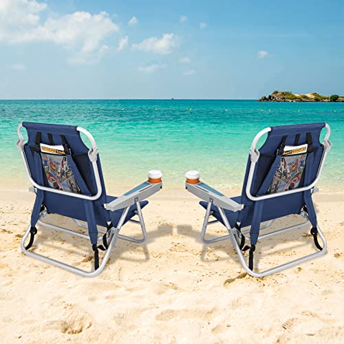 REDCAMP Folding Beach Chair 2 Pack Aluminum 5-Position, Lightweight Backpack Reclining Beach Chair with Cup Holder and Pillow for Sand Concert