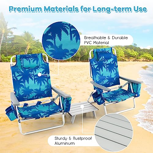 Goplus Backpack Beach Chairs, 3 Pcs Portable Camping Chairs with Cool Bag and Cup Holder, 5-Position Outdoor Reclining Chairs for Sunbathing, Fishing, Travelling (Light Blue, with Side Table)