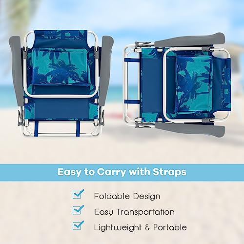 Goplus Backpack Beach Chairs, 3 Pcs Portable Camping Chairs with Cool Bag and Cup Holder, 5-Position Outdoor Reclining Chairs for Sunbathing, Fishing, Travelling (Light Blue, with Side Table)