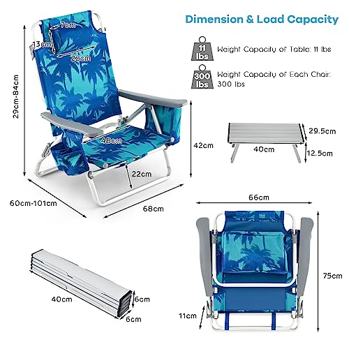 Goplus Backpack Beach Chairs, 3 Pcs Portable Camping Chairs with Cool Bag and Cup Holder, 5-Position Outdoor Reclining Chairs for Sunbathing, Fishing, Travelling (Light Blue, with Side Table)