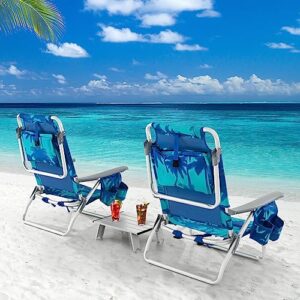 Goplus Backpack Beach Chairs, 3 Pcs Portable Camping Chairs with Cool Bag and Cup Holder, 5-Position Outdoor Reclining Chairs for Sunbathing, Fishing, Travelling (Light Blue, with Side Table)