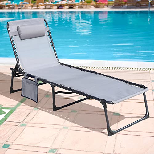 VEIKOU Chaise Lounge Chair 5-Position, Lounge Chairs for Outside, Upgraded Adjustable Sun Lounger, Folding Outdoor Lounge Chairs for Lawn Patio Pool Beach Sunbath, Deep Grey