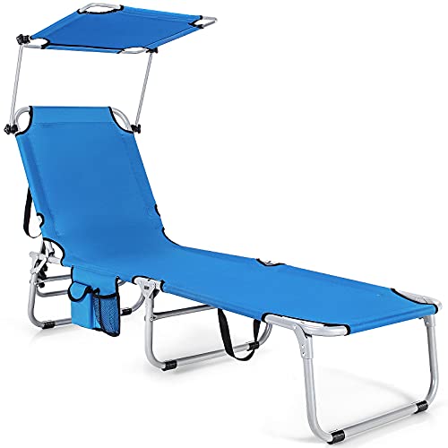 Goplus Tanning Chair, Foldable Beach Lounge Chair with 360°Canopy Sun Shade, Side Pocket, 5-Position Adjustable, Outdoor Beach Chaise Recliner for Patio Pool Yard Lawn (1, Blue)