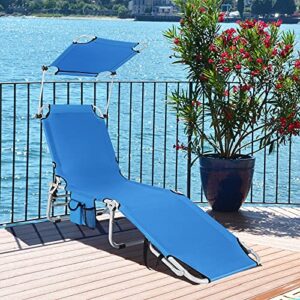 Goplus Tanning Chair, Foldable Beach Lounge Chair with 360°Canopy Sun Shade, Side Pocket, 5-Position Adjustable, Outdoor Beach Chaise Recliner for Patio Pool Yard Lawn (1, Blue)