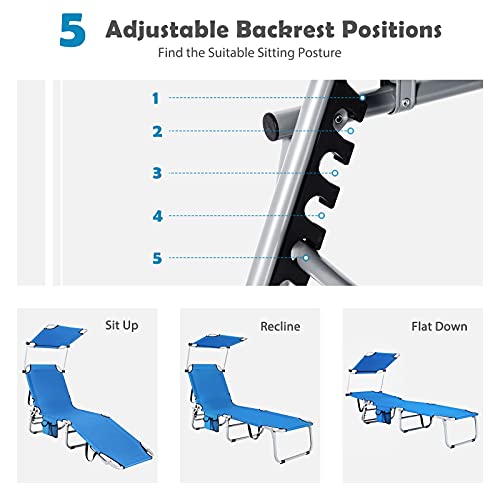 Goplus Tanning Chair, Foldable Beach Lounge Chair with 360°Canopy Sun Shade, Side Pocket, 5-Position Adjustable, Outdoor Beach Chaise Recliner for Patio Pool Yard Lawn (1, Blue)