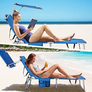 Goplus Tanning Chair, Foldable Beach Lounge Chair with 360°Canopy Sun Shade, Side Pocket, 5-Position Adjustable, Outdoor Beach Chaise Recliner for Patio Pool Yard Lawn (1, Blue)