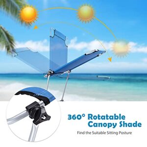 Goplus Tanning Chair, Foldable Beach Lounge Chair with 360°Canopy Sun Shade, Side Pocket, 5-Position Adjustable, Outdoor Beach Chaise Recliner for Patio Pool Yard Lawn (1, Blue)