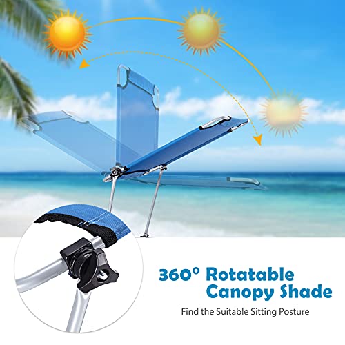 Goplus Tanning Chair, Foldable Beach Lounge Chair with 360°Canopy Sun Shade, Side Pocket, 5-Position Adjustable, Outdoor Beach Chaise Recliner for Patio Pool Yard Lawn (1, Blue)