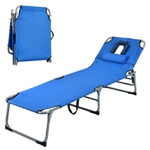 moccha folding lounge chair, adjustable beach bed, foldable recliner with pillow, sunbathing headrest and tray, for outdoor, camping, backyard, patio, pool (blue)
