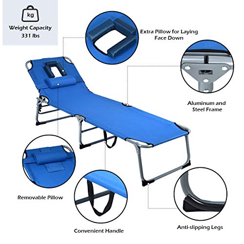 Moccha Folding Lounge Chair, Adjustable Beach Bed, Foldable Recliner with Pillow, Sunbathing Headrest and Tray, for Outdoor, Camping, Backyard, Patio, Pool (Blue)