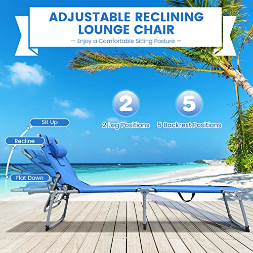 Moccha Folding Lounge Chair, Adjustable Beach Bed, Foldable Recliner with Pillow, Sunbathing Headrest and Tray, for Outdoor, Camping, Backyard, Patio, Pool (Blue)